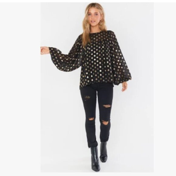 SHOW ME YOUR MUMU Long Sleeve Black Top Gold Polka Dot Bishop Sleeves Size M - Picture 4 of 16